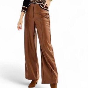 Nine West Brown Faux Leather Wide Leg Palazzo Pleated Pants Minimalist Boho